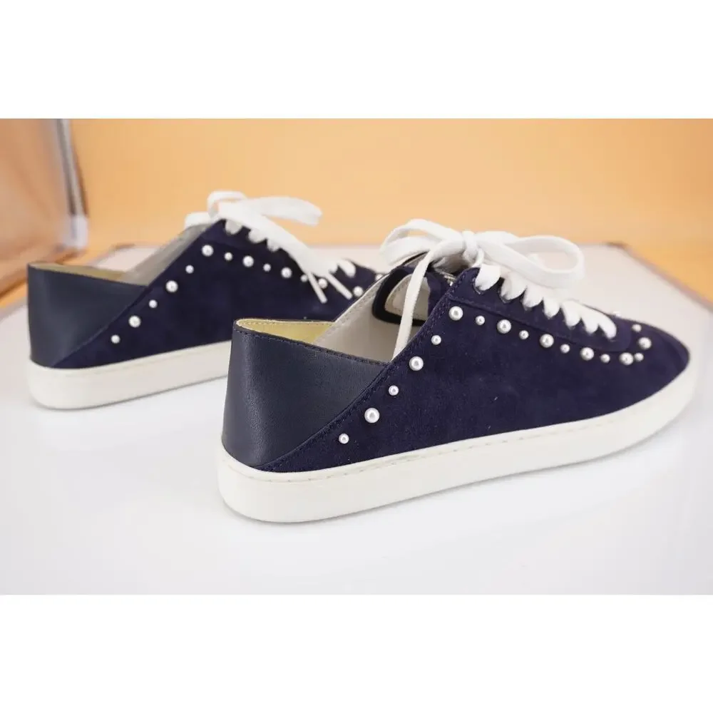 Stuart Weitzman Super Stud Blue Suede Beaded Flat Sneakers Size 9 New $350